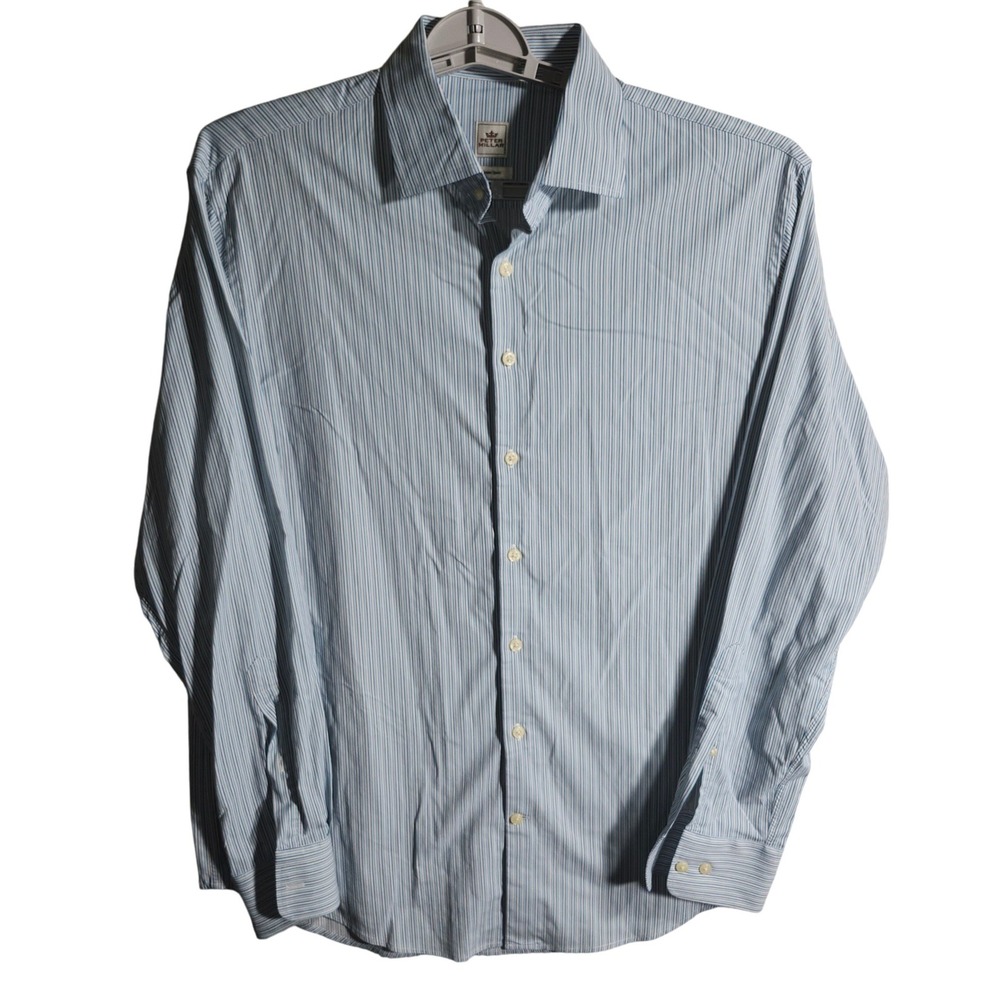 Peter Millar Crown Sport Mens L Blue White Stripe Button Down Shirt Long Sleeve